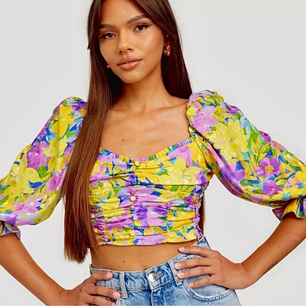 For Love and Lemons Cassia Floral Crop Top | Size M | Feminine Puff Sleeve‎